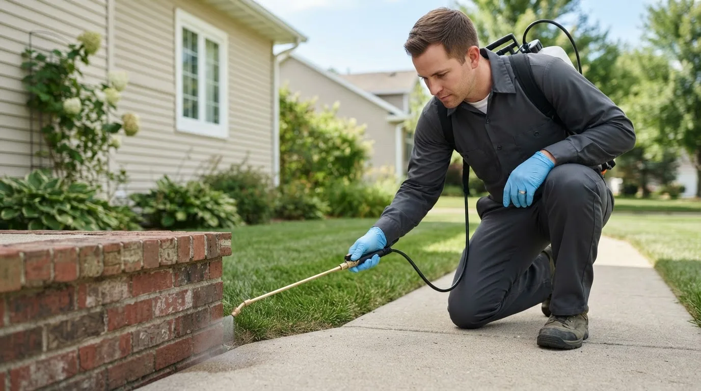 Pest control technician treating a home near Harpers Ferry, IA