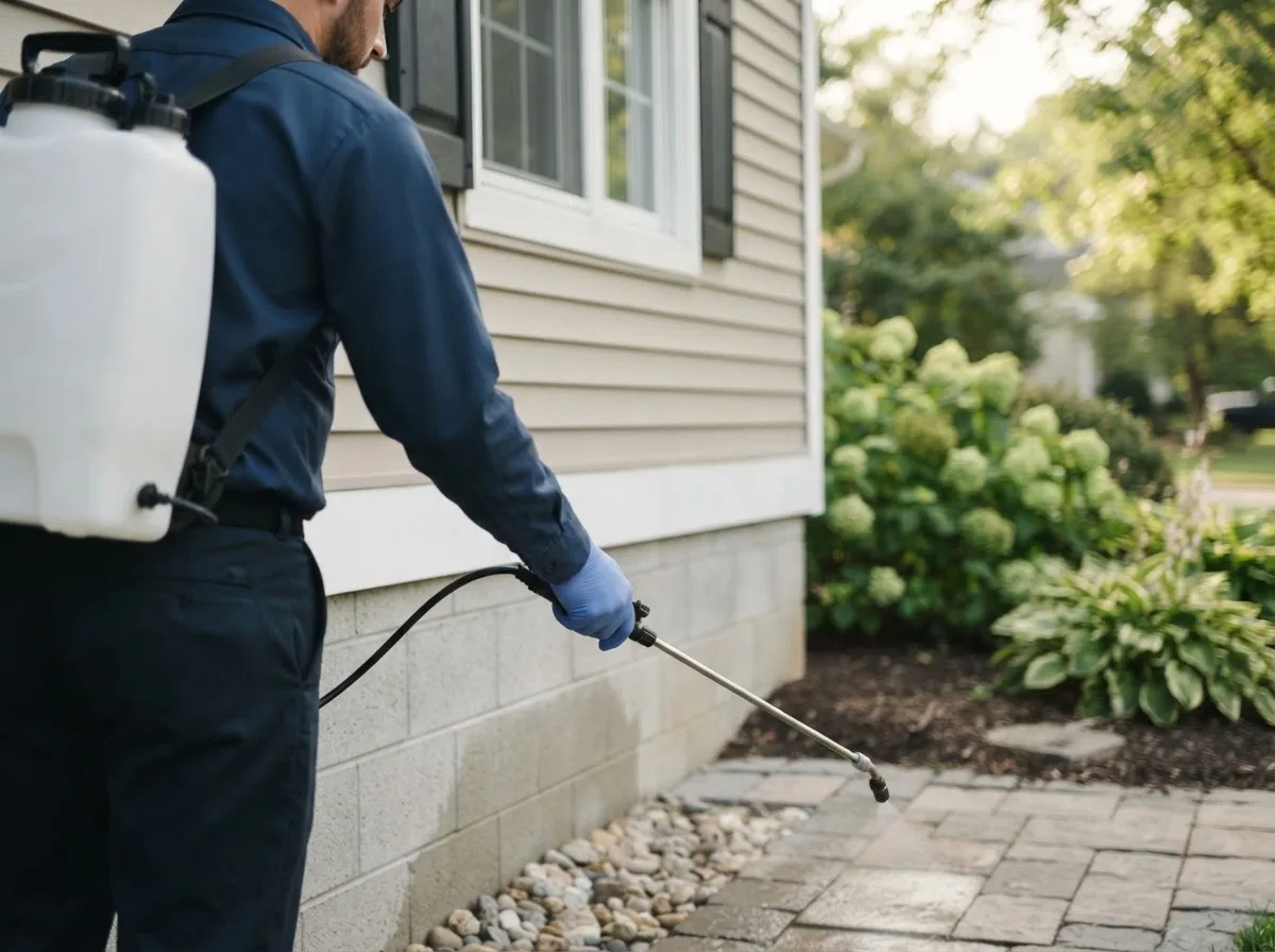Pest control technician inspecting a home in Harpers Ferry, IA